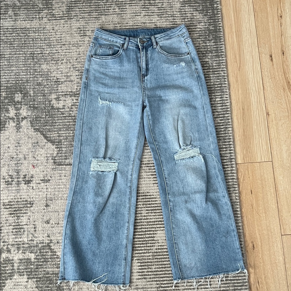Stylish Light Blue Distressed Wide Leg Jeans